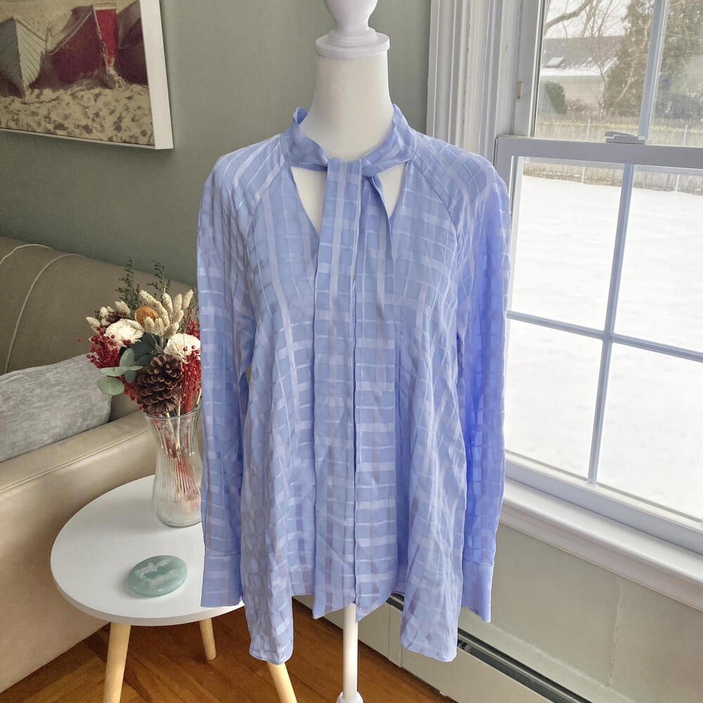 Pearl By Lela Rose Womens Long Sleeve V Neck Blouse‎ Blue Size XS Neck Tie